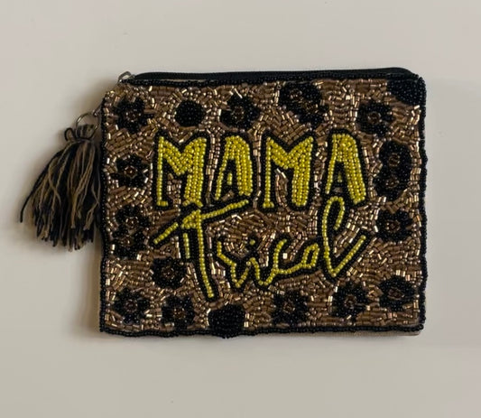 La Chic Mama Tried small beaded purse with cheetah design and pom-pom zipper closure