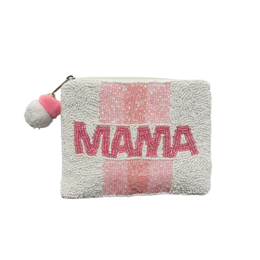 La Chic pink and white beaded purse with 'Mama' lettering and pompom zipper detail