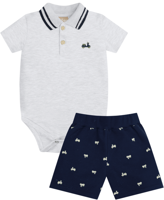 Milon navy cotton pull-on shorts with embroidered scooter pattern, made in Brazil