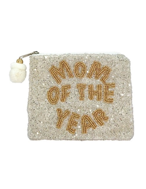 La Chic white beaded square purse with gold 'Mom of the Year' text and pompom detail