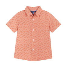 Load image into Gallery viewer, A peach-orange short sleeve button up shirt with darker orange shapes of various dinosaurs throughout the pattern. 
