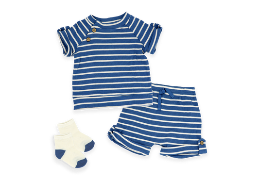 Boys 3 Piece Ribbed Short Set: Blue Stripe