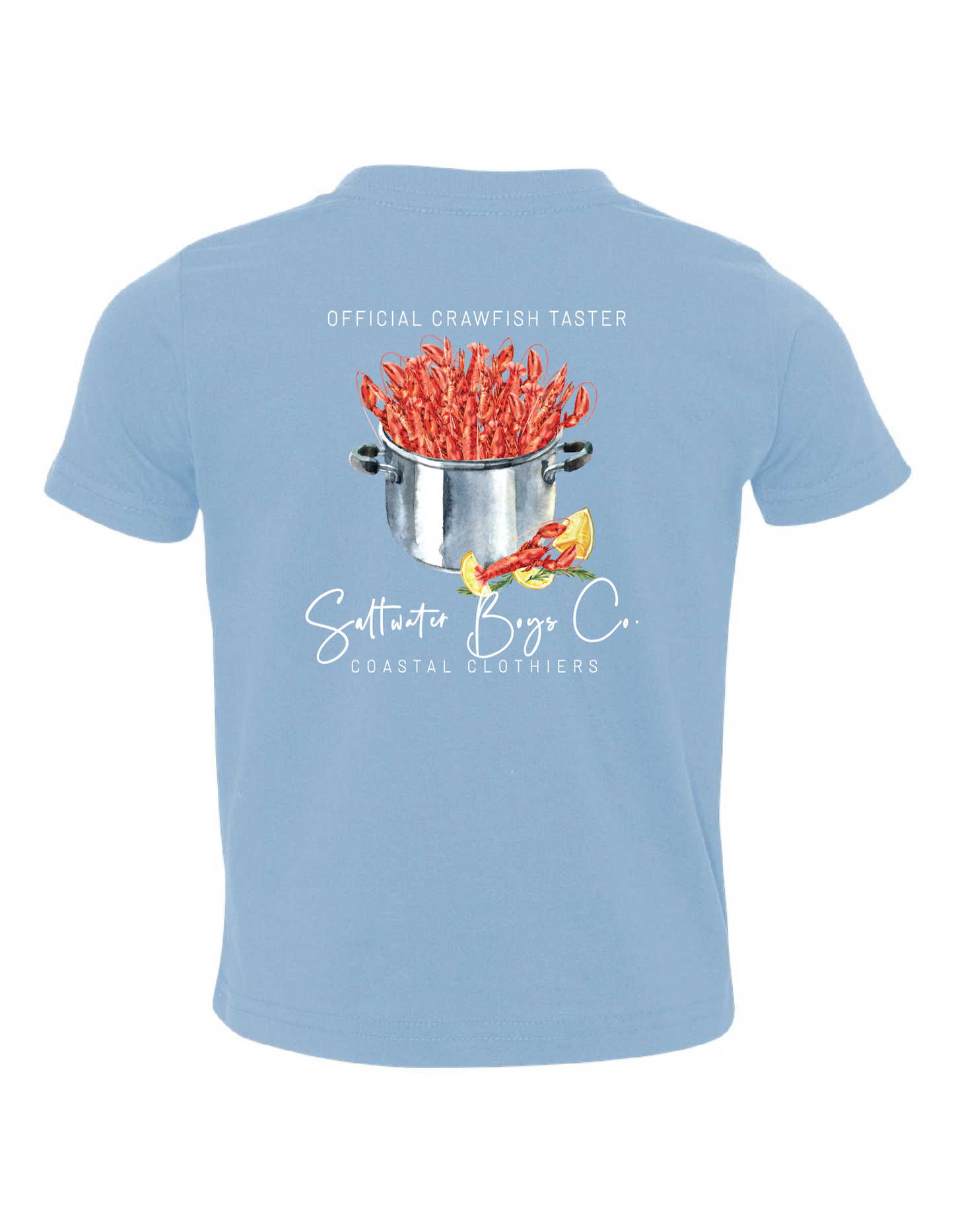 Light blue Saltwater Boys Breaux Bridge Crawfish t-shirt with watercolor graphic
