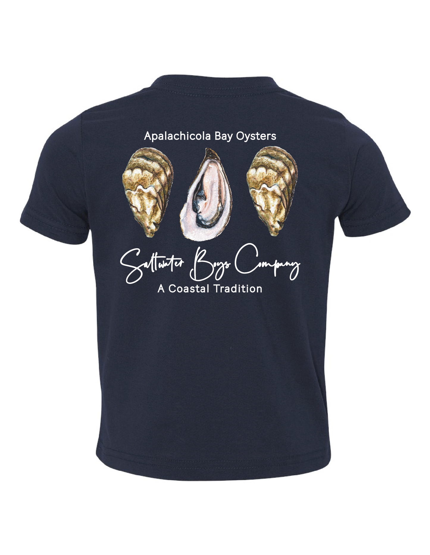 Saltwater Boys short-sleeved tee with Apalachicola Bay oyster print and front logo detail