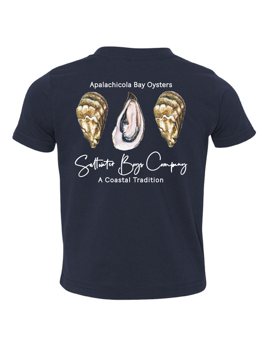 Saltwater Boys short-sleeved tee with Apalachicola Bay oyster print and front logo detail