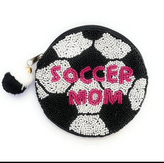 La Chic black and white beaded soccer ball purse with pink 'Soccer Mom' lettering and pompom detail
