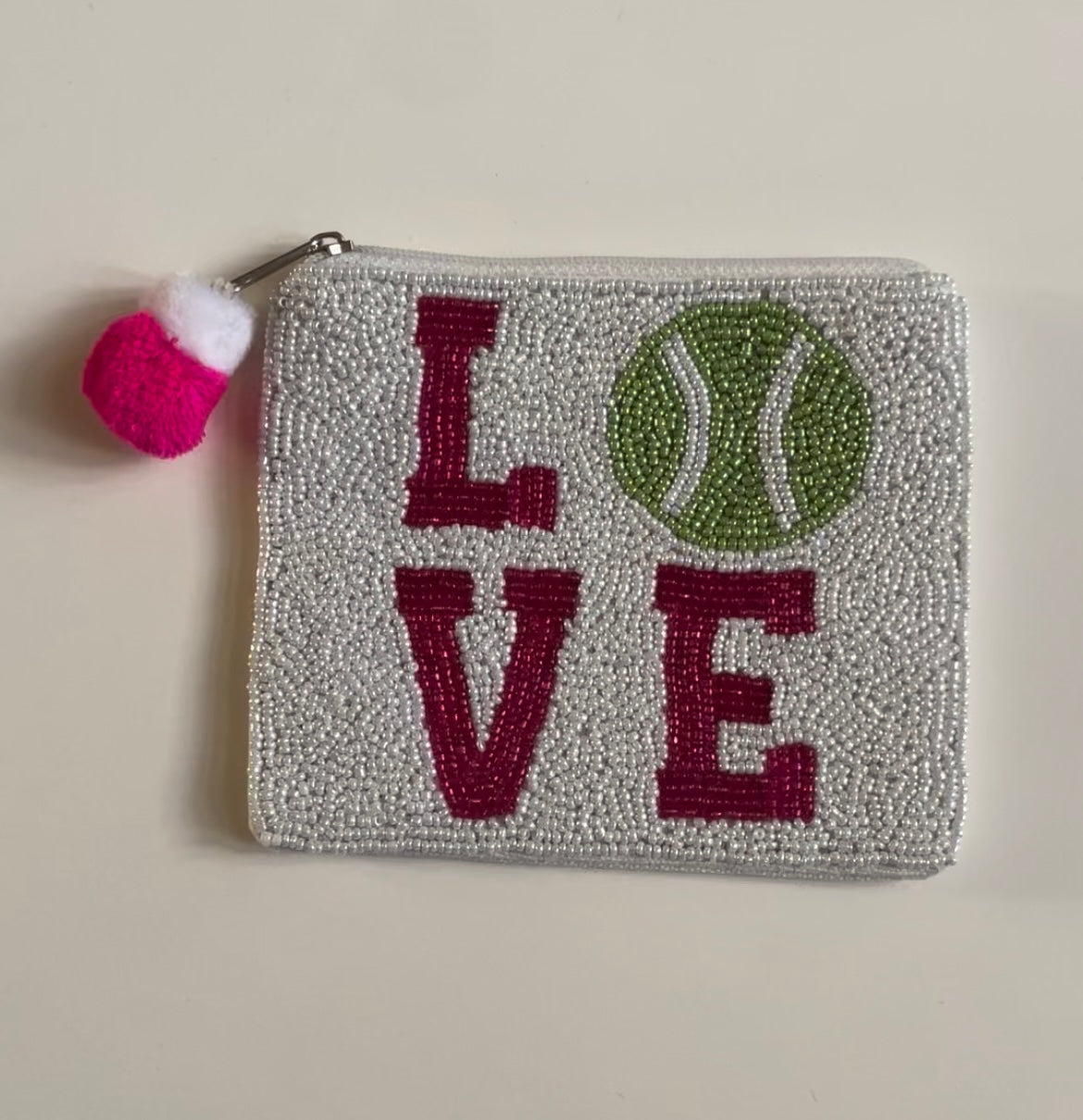 La Chic Tennis Love Beaded Purse, small square design with beaded 'Love' text and yellow tennis ball detail