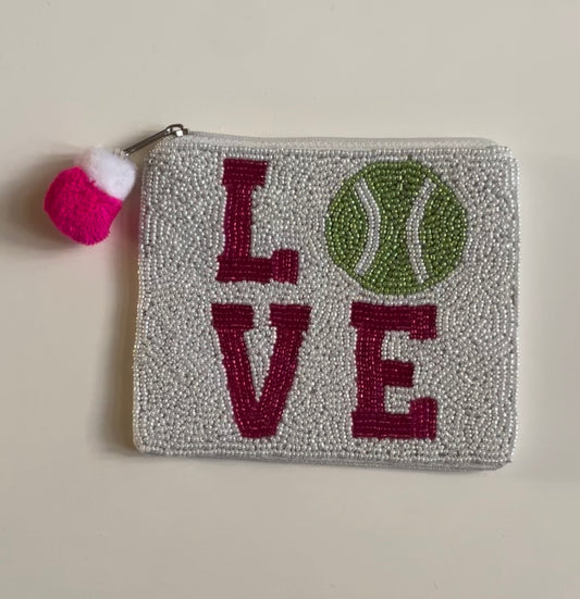 La Chic Tennis Love Beaded Purse, small square design with beaded 'Love' text and yellow tennis ball detail