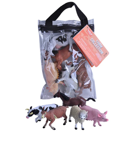 Wild Republic Farm Animals Zippered Polybag with five farm figurines: pig, horse, cow, sheep, goat