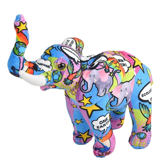 Colorful recycled plush elephant with pop art earth imagery and eco-friendly messages by Wild Republic