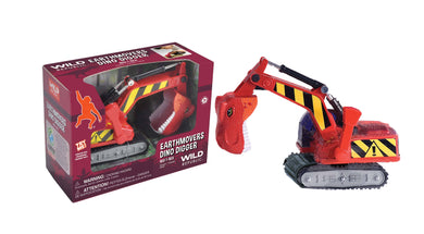 A red bulldozer plastic truck toy with the scoop of the bulldozer featuring a red t-rex head complete with sharp teeth. The Box for the toy says 