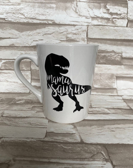 MamaSaurus ceramic coffee mug with permanent vinyl decal in multiple colors