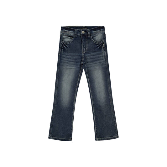 Medium wash bootcut denim with subtle distress, adjustable waist, Silver Jeans scroll back pocket