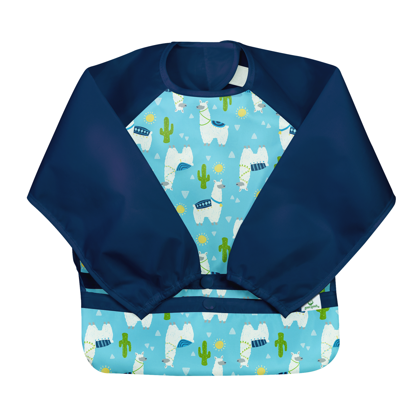 Llamas Snap & Go Easy Wear Long Sleeve Bib in soft woven polyester with waterproof coating, two sizes available