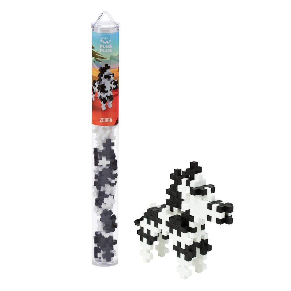 Plus-Plus Zebra Tube with 70+ interlocking plastic pieces and reusable travel container