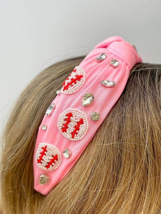 Pink beaded baseball embellished headband with refined detailing from Prep Obsessed Wholesale