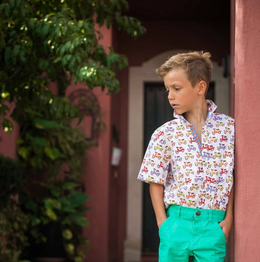 TukTuk Designs Zippy Scooters short sleeve shirt in 100% cotton with detailed collar, cuff, and placket