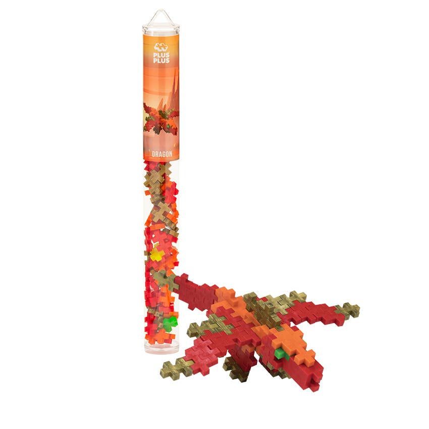 Plus-Plus Dragon tube with 70 red, orange, lime, and gold interlocking building pieces