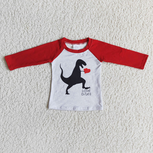 Love Bites Dinosaur Raglan T-Shirt in soft silk milk cotton, featuring an understated T-Rex graphic and typography