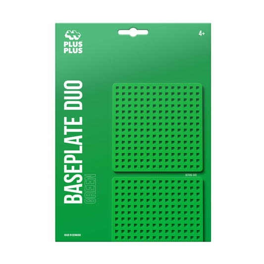 Two green square baseplates for Plus-Plus construction toys, each 4.5 inches, stackable.