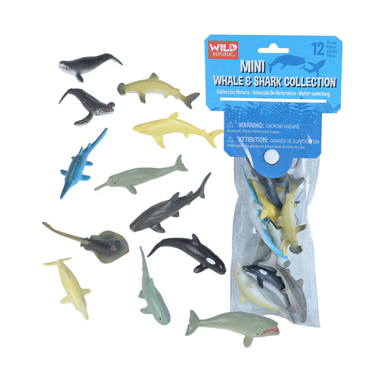 Wild Republic Mini Whale & Shark Collection polybag with twelve realistic marine animal figures