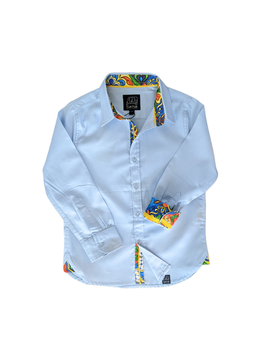 Blue shirt with majolica trim detailing on collar, cuffs, and placket by TukTuk Designs
