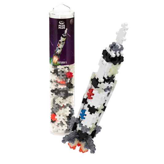 240-piece Plus-Plus Saturn V Rocket building set with metallic and glow-in-the-dark pieces