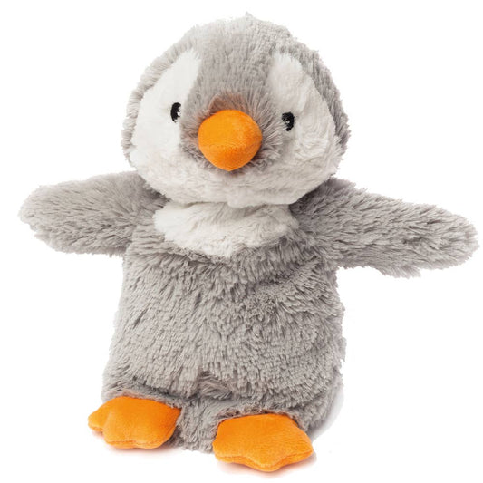 Gray Penguin Warmies plush animal, 13 inches, lavender-scented for microwave warmth