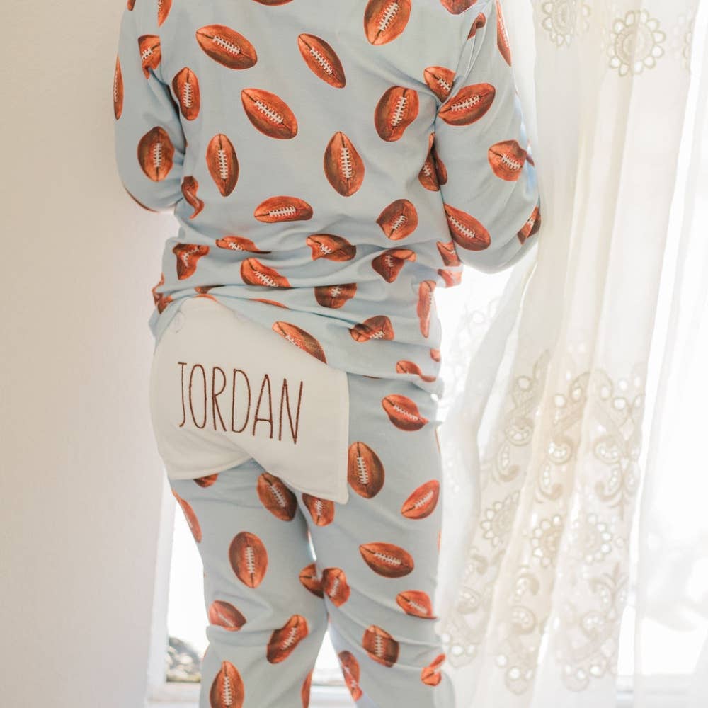 Football Buttflap PJs by Sugar Bee Clothing in soft polyester-spandex blend