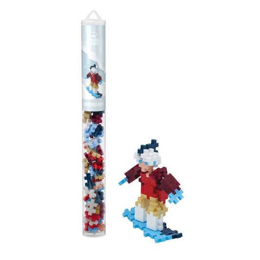Plus-Plus Tube Snowboarder building set with 70+ interlocking pieces and reusable container