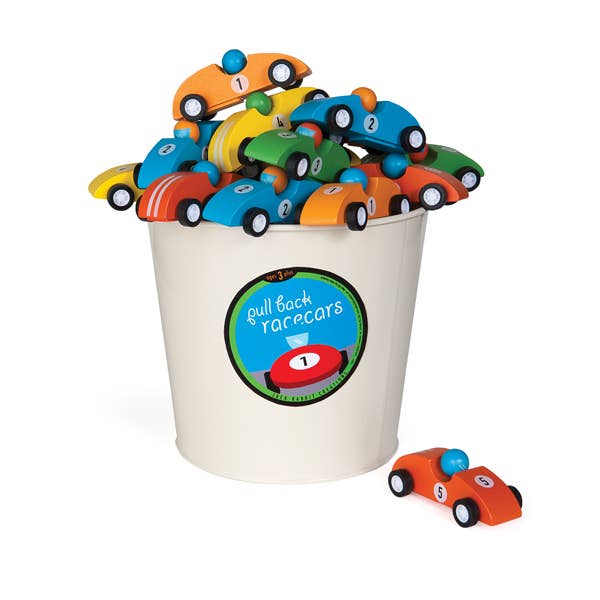 Wood pull-back car racers by Jack Rabbit Creations in natural finish, ready for release-and-race play
