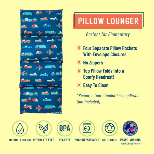 Wildkin Transportation Pillow Lounger in soft cotton-polyester blend with playful pattern