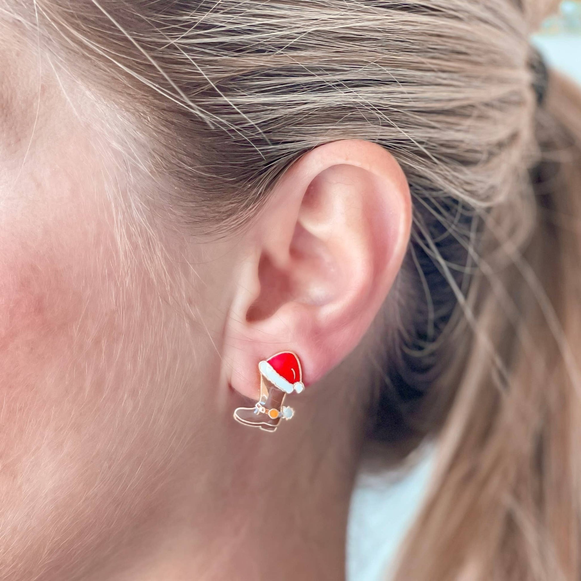 Christmas Cowboy Boots enamel stud earrings with 0.75" nickel-compliant posts