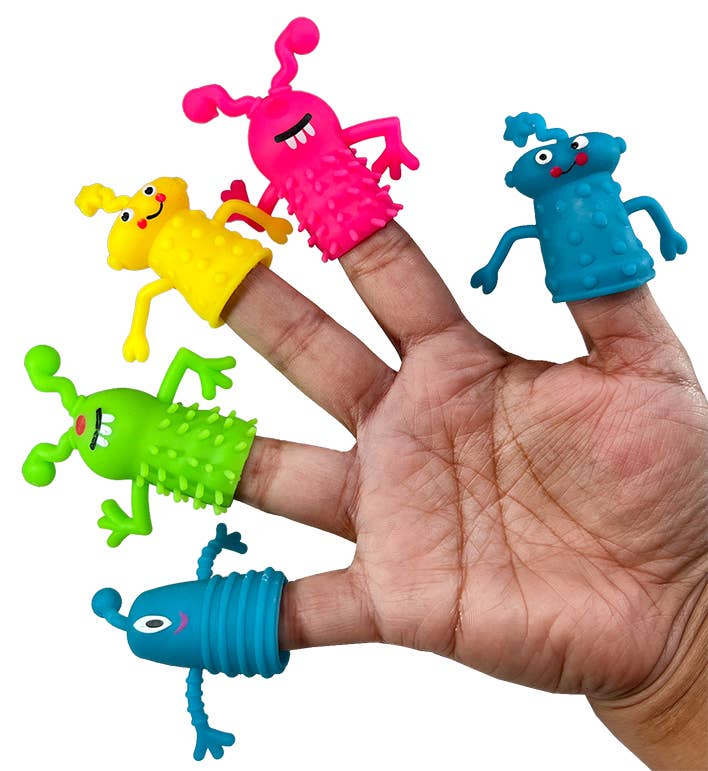 Five colorful TPR monster finger puppets in neon colors, one for each finger