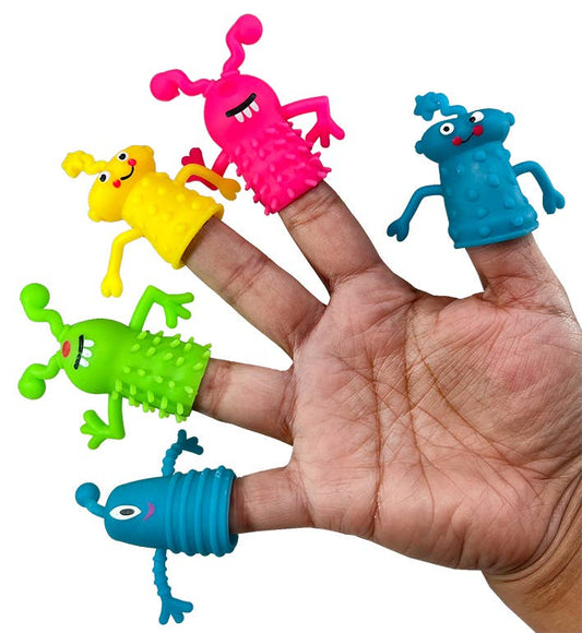 Five colorful TPR monster finger puppets in neon colors, one for each finger