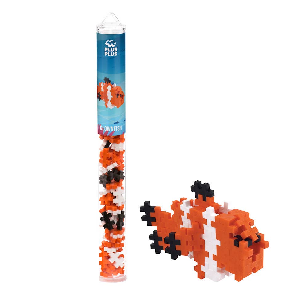 Plus-Plus Tube Clownfish building set with 70+ interlocking plastic pieces and travel-friendly container
