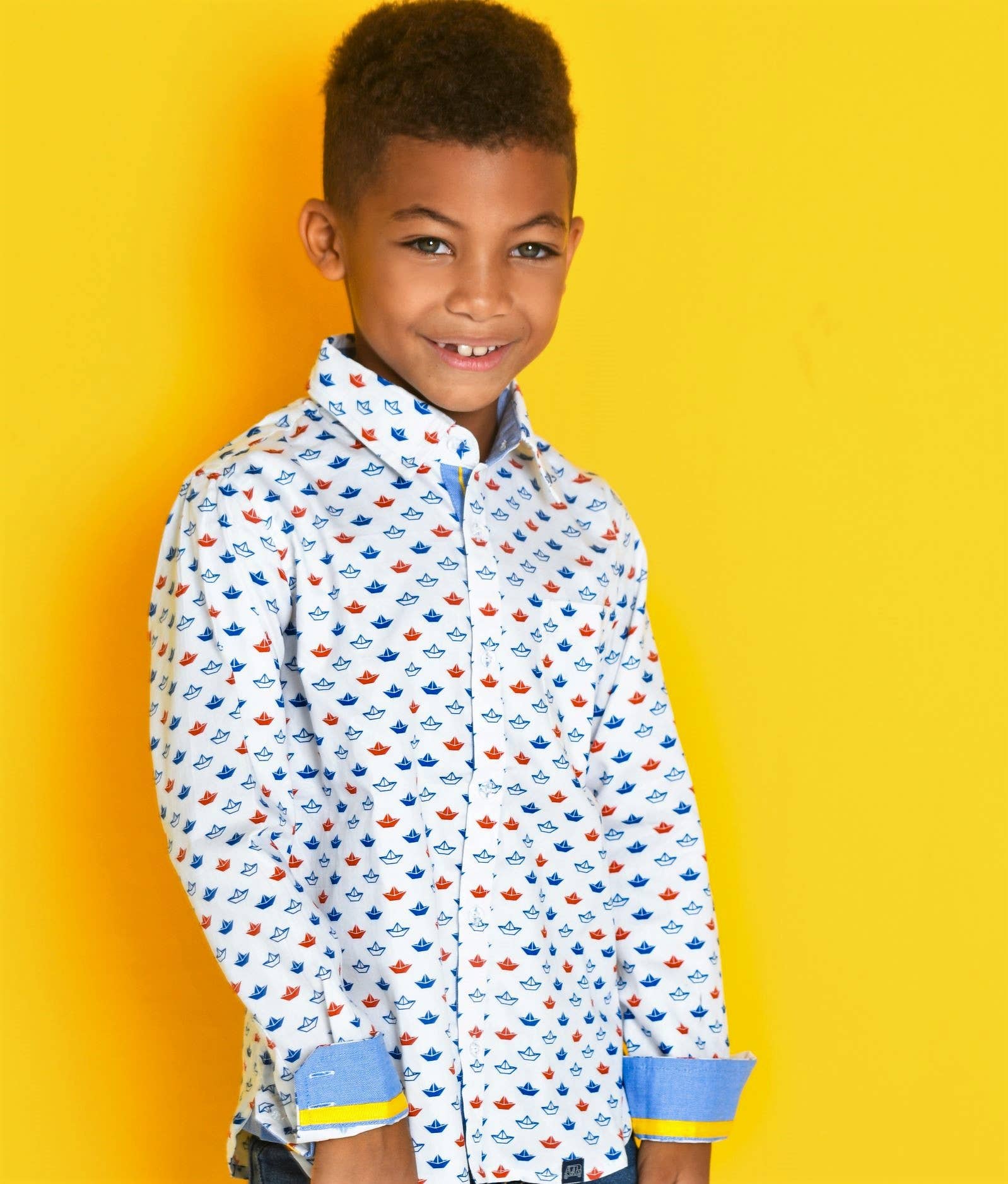 Red and blue origami sailboat shirt by TukTuk Designs with detailed collar and placket