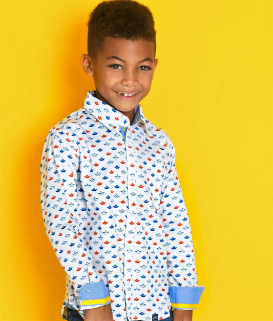 Red and blue origami sailboat shirt by TukTuk Designs with detailed collar and placket