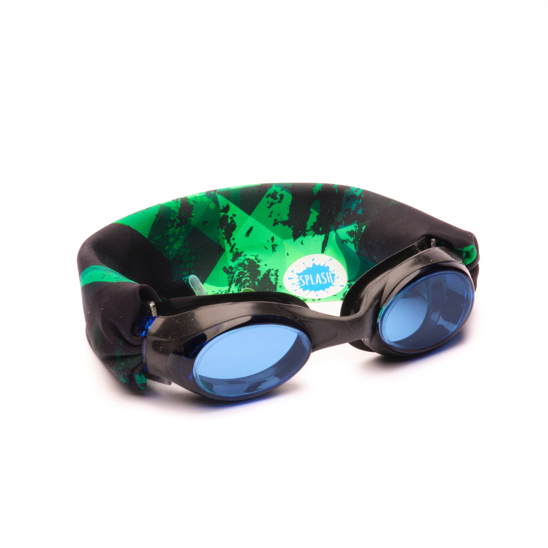 Green Fusion swim goggles with black frame, lightly tinted blue lenses, and patent-pending black strap