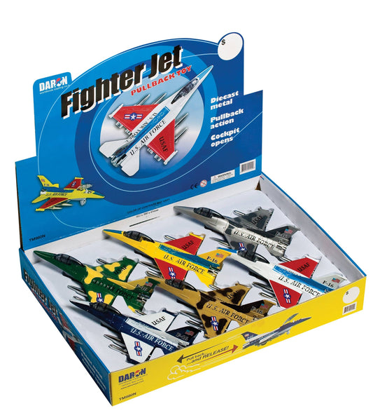Six die cast F-16 fighter jets with pullback action and opening cockpits by Daron Worldwide Trading