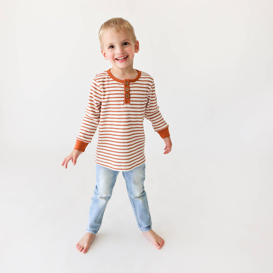 Terracotta striped boys' long sleeve henley with wooden button placket and contrast collar trim