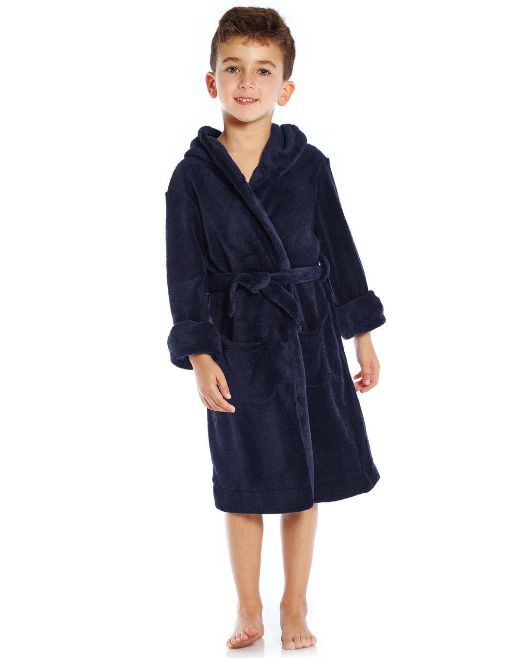 Leveret Pajamas - Kids Fleece Hooded Robe Solid Color: NAVY / 10 Year