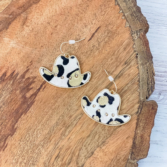 Textured Gold Metallic Cowboy Hat Rodeo Dangle Earrings
