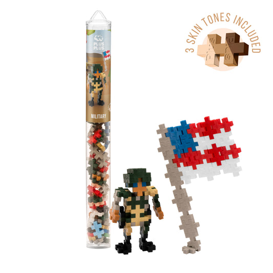 Plus-Plus Military Tube 70-piece building set in red, white, blue, tan, forest green, black, gray, brown, camel, and peach