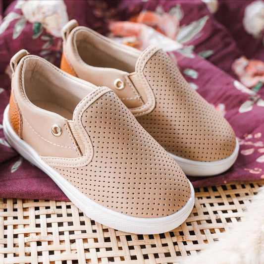 Tan Quinn slip-on leather moccasin with soft non-slip sole by Little Love Bug Company