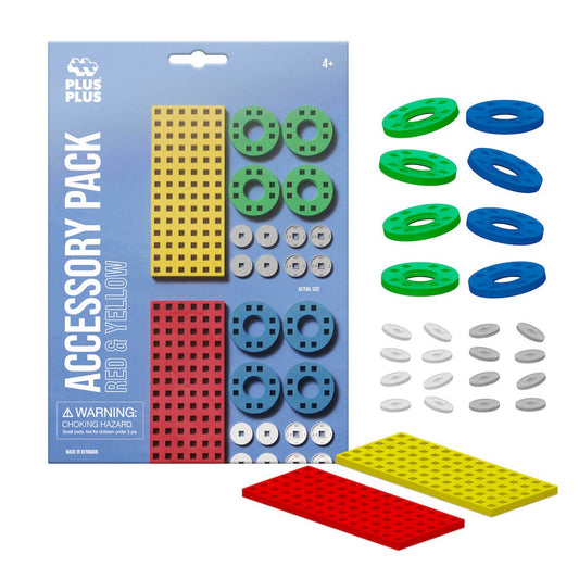 Plus-Plus Accessory Pack with red and yellow chassis baseplates, green and blue wheels, and gray and white hubs