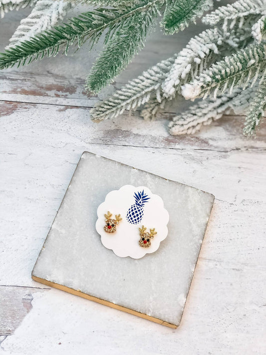 Rudolph Reindeer Glitzy Studs in gold by Prep Obsessed Wholesale