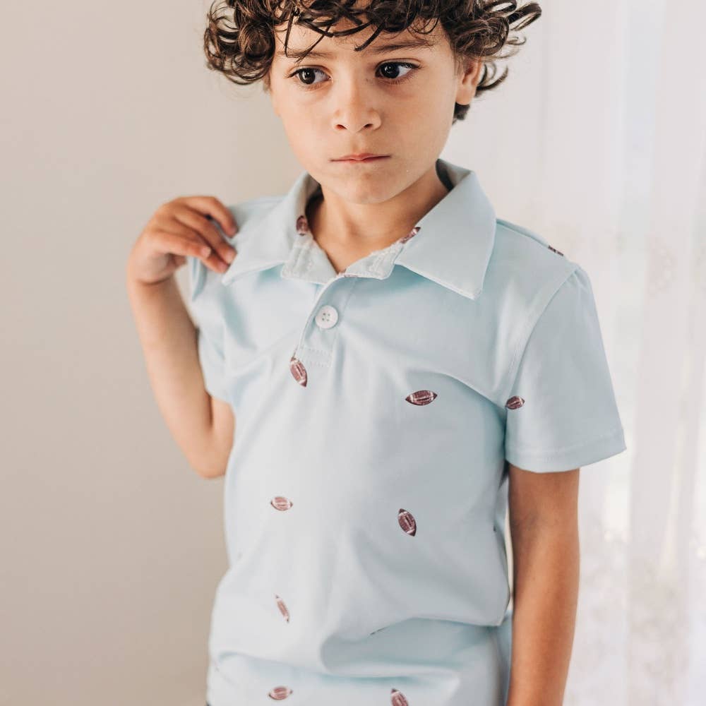 Sugar Bee Clothing football polo in soft polyester blend, true to size