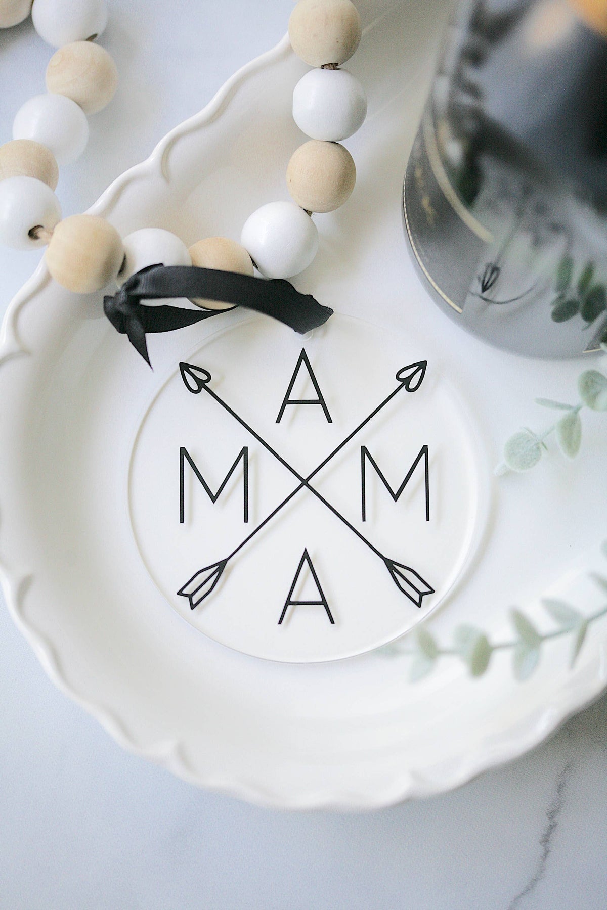 Mama Arrow Acrylic Ornament, 4-inch clear acrylic with vinyl detail, black ribbon