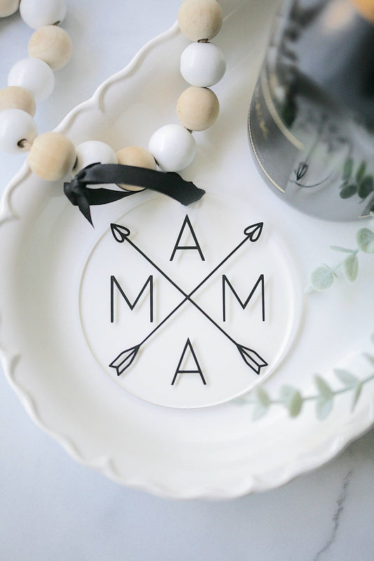 Mama Arrow Acrylic Ornament, 4-inch clear acrylic with vinyl detail, black ribbon